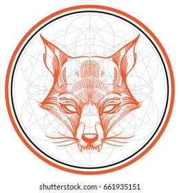 Fox logo. Totem contour drawing. Illustration for T-shirt design.