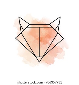 Fox logo with watercolor background. One line icon. Vector illustration.