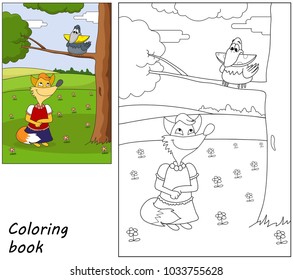 The fox is looking at a bird with cheese. Coloring book. Cartoon vector illustration. Eps 10