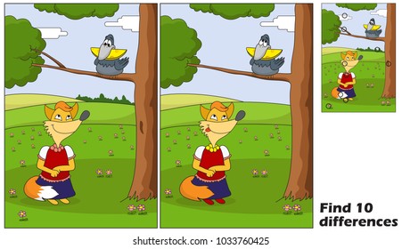 The fox is looking at a bird with cheese. Find 10 differences. Educational game for children. Cartoon vector illustration. Eps 10