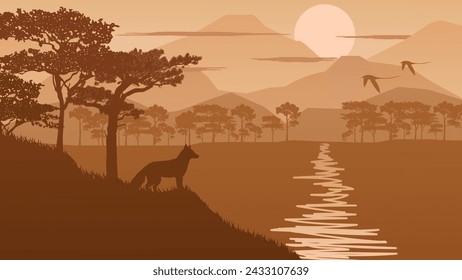 A Fox Looks at Two Birds Flying Over the Lake on a Beautiful Afternoon - Beautiful 2d Landscapes Vector