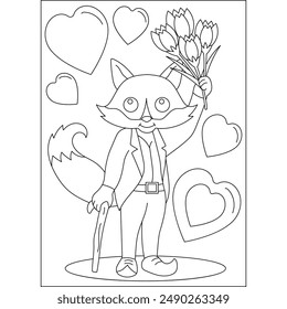 fox love and affection theme coloring book page for ui, ux, web, app, brochure, flyer and presentation design, etc.