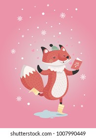 Fox in love with the postcard in hand. Vector illustration. Romantic poster