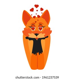 A fox in love. Red-haired fairy tale fox in cartoon style. Vector image can be used for stickers, stickers, magnets.