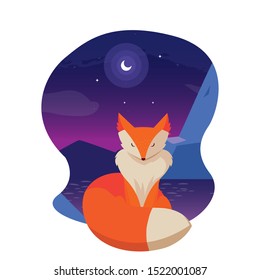 fox mammal happy autumn season night landscape vector illustration