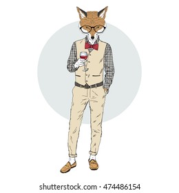 fox man dressed up in retro chic style with glass of wine, furry art illustration, fashion animals