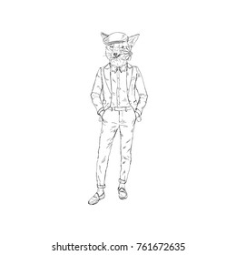 fox man dressed up in retro suit with flower, romantic character
