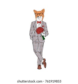 fox man dressed up in suit with flowers, romantic character
