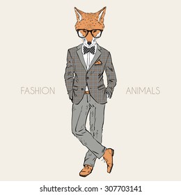 fox man dressed up in tweed suit, fashion animal illustration