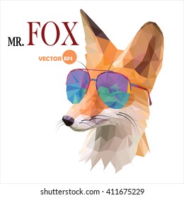 Fox man, Mr. Fox in sunglasses, urban city style, hipster look fashion animal portrait close-up on the white background. Graphic in the low poly style for cartoons hero, book, cards, funny art things