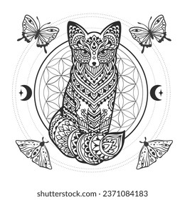 Fox mandala. Animal Vector illustration. Adult or kids coloring book page in Zen boho style. Antistress Peaceful drawing. Black and white