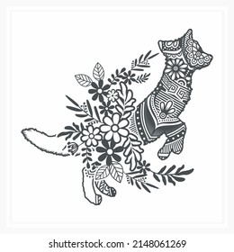 Fox Mandala con flores. Vector, línea de arte