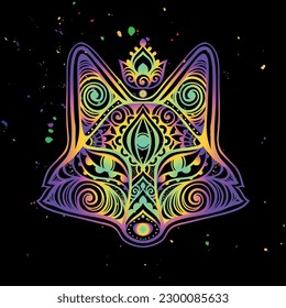 Psicodelia de Fox mandala. Ilustración vectorial. Dibujo étnico colorido. El animal Fox al estilo Zen boho. Para hippie de fiesta, psilocybin de alucinación de 60, 70