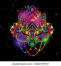 Psicodelia de Fox mandala. Ilustración vectorial. Dibujo étnico colorido. El animal Fox al estilo Zen boho. Para hippie de fiesta, psilocybin de alucinación de 60, 70