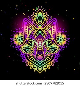 Fox mandala head psychedelic. Vector illustration. Colorful Ethnic drawing. Fox animal in Zen boho style. For party hippie, hallucination psilocybin 60s, 70s