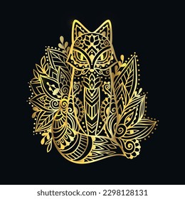 Fox mandala ornament Gold. Vector illustration. Flower henna Ethnic drawing. Fox animal in Zen boho style. Boho, hippie pattern