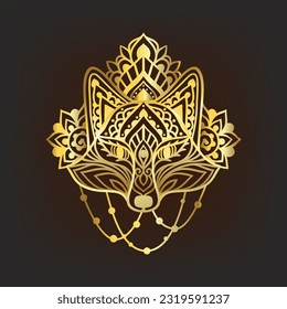 Fox mandala ornament Gold. Vector illustration. Flower henna Ethnic drawing. Fox animal in Zen boho style. Boho, hippie pattern