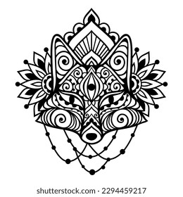 Fox mandala ornament. Vector illustration. Flower Ethnic drawing. Fox animal nature in Zen boho style. Coloring page black and white