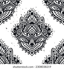Fox mandala ornament. Vector illustration. Flower Ethnic drawing. Fox animal nature in Zen boho style. Coloring page black and white