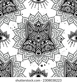 Fox mandala ornament. Vector illustration. Flower Ethnic drawing. Fox animal in Zen boho style. Boho, hippie pattern