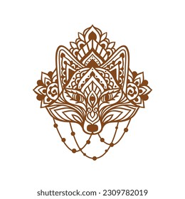 Fox mandala ornament. Vector illustration. Flower Ethnic drawing. Fox animal nature in Zen boho style. Coloring page red and white