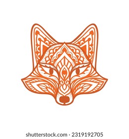 Fox mandala ornament. Vector illustration. Flower Ethnic drawing. Fox animal nature in Zen boho style. Coloring page red and white