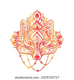 Fox mandala ornament. Vector illustration. Flower Ethnic drawing. Fox animal nature in Zen boho style. Coloring page red and white