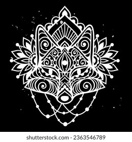 Fox mandala ornament. Vector illustration. Flower Ethnic drawing. Fox animal in Zen boho style. Boho, hippie pattern