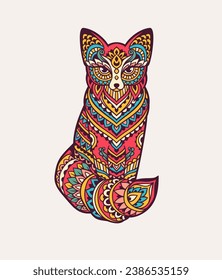 Fox mandala retro. Vector illustration. Flower Ethnic drawing. Fox animal nature in Zen boho style. Magic Coloring page, hippie style