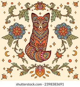 Fox mandala retro. Vector illustration. Flower Ethnic drawing. Fox animal nature in Zen boho style. Coloring page, hippie, eastern style
