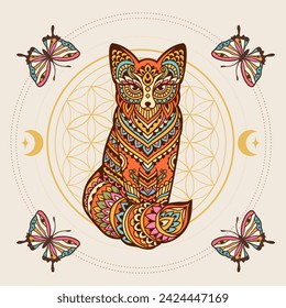 Fox mandala retro. Vector illustration. Flower Ethnic drawing. Fox animal nature in Zen boho style. With sacred geometry and butterfly