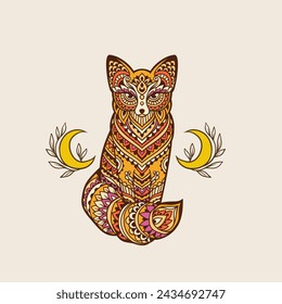 Fox mandala retro. Vector illustration. Flower Ethnic drawing. Fox animal nature in Zen boho style. With sacred geometry and butterfly