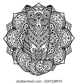 Fox mandala zen ornament. Vector illustration. Flower Ethnic drawing. Fox animal nature in boho style. Zen art black and white