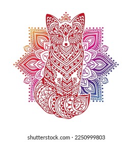 Fox mandala zen ornament. Vector illustration. Flower Ethnic drawing. Fox animal nature in boho style. Zen art colorful