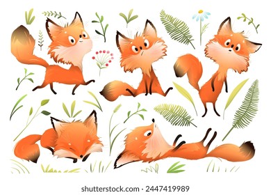 Fox mascot character poses for kids illustration book. Playful fox animation, forest animal in action for a fairytale story. Vector hand drawn character design for children in watercolor style.