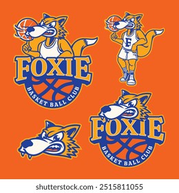 Personagem de mascote Fox com spinning basket ball logotipo emblema Design in Sport Vintage Athletic Style Vetor Illustration