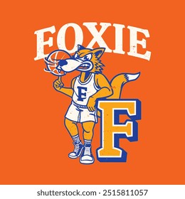 Personagem de mascote Fox com bola de cesta girando para o logotipo da equipe ou t-shirt Design no esporte Vintage estilo atlético ilustração vetor