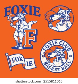 Personagem de mascote Fox com cesta girando bola logotipo colagem Design em monocromático estilo atlético vintage Ilustração vetor