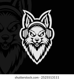 Fox mascote esport ilustração logotipo design, preto branco