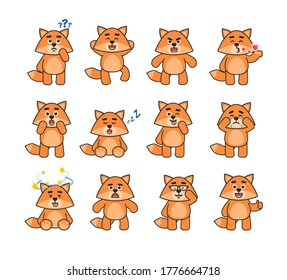 Fox mascot showing various emotions. Cute fox thinking, surprised, celebrating, sleeping, angry, crying and showing other expressions. Vector illustration bundle