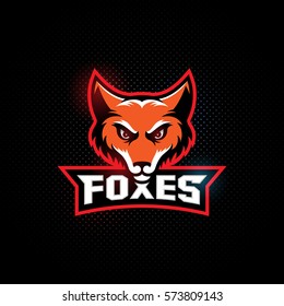 Fox mascot for a sport team on a dark background with a title. Vector illustration.