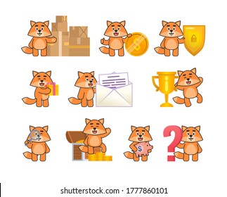 Fox mascot in various situations. Cute fox holding magnifier, standing near big key, parcel boxes, letter, question mark and showing other actions. Vector illustration bundle