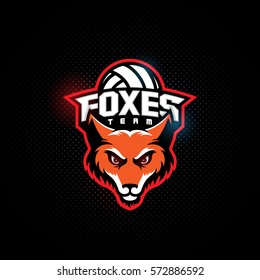 Fox mascot for a volleyball team on a dark background with hotspots. Vector illustration.