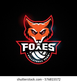 Fox mascot for a volleyball team on a dark background. Vector illustration.