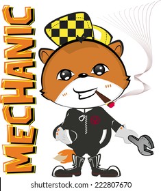 Fox mechanic cartoon character holding a wrench vector.