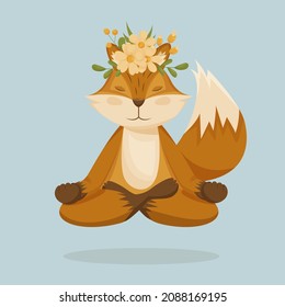 The fox is meditating. Concept illustration for yoga, meditation, relaxation, healthy lifestyle, zen and harmony. Colored flat vector illustration on background.