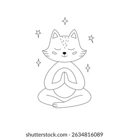  Fox in a meditative pose with its eyes closed and front paws crossed on white background.