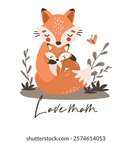 Fox mom and baby, cartoon style, mothers day illustration, cute animal