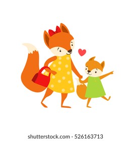 Fox Mom In Dress With Handbag Animal Parent And Its Baby Parenthood Themed Colorful Illustration With Cartoon Fauna Characters