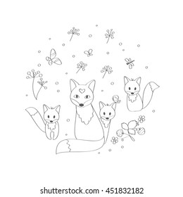 Fox mommy with cute fox pups playing in a summer meadow among flowers, berries and butterflies. Coloring book for adults and children. Vector illustration.